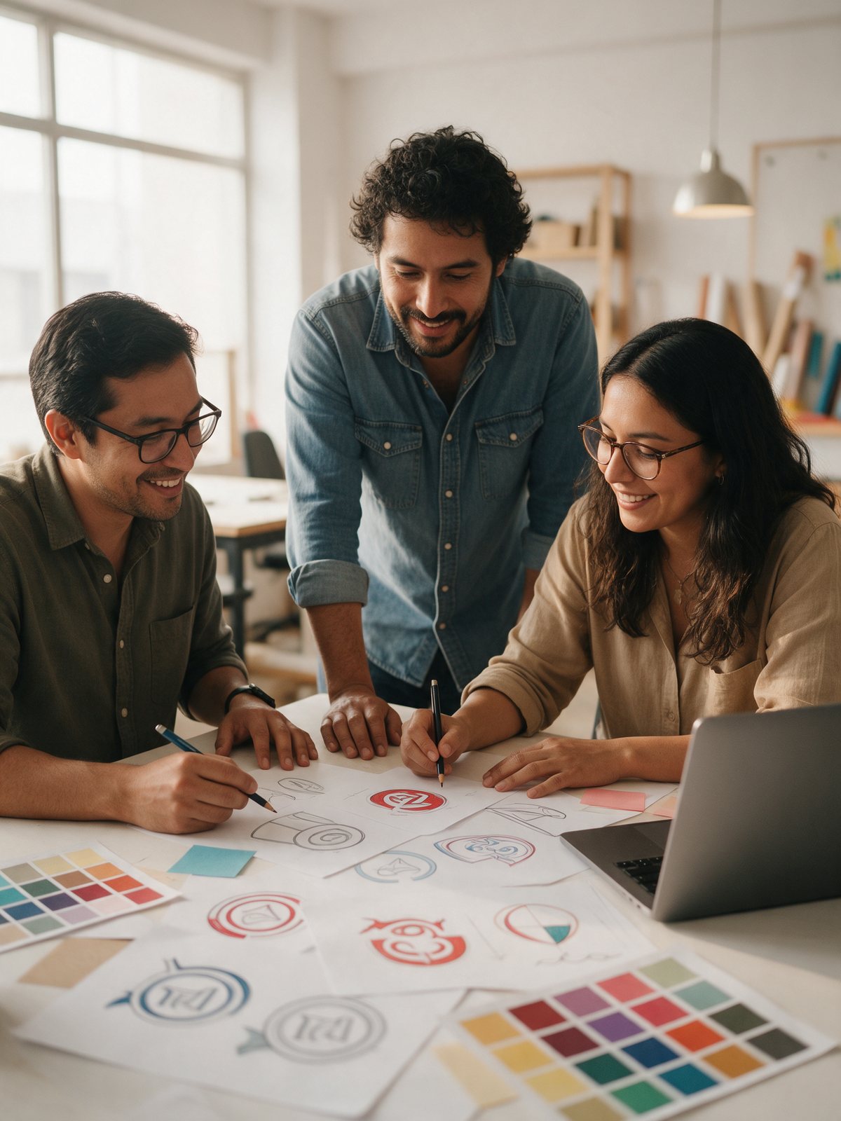Equipo de diseñadores trabajando en bocetos de logotipos y paletas de color