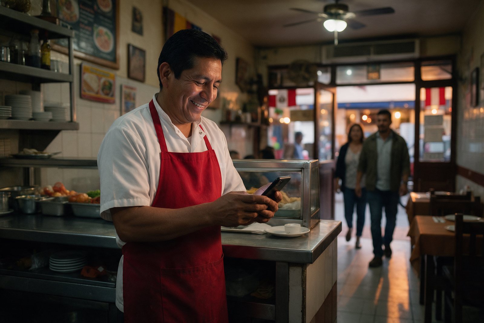 Dueño de un restaurante revisando su celular mientras entran clientes