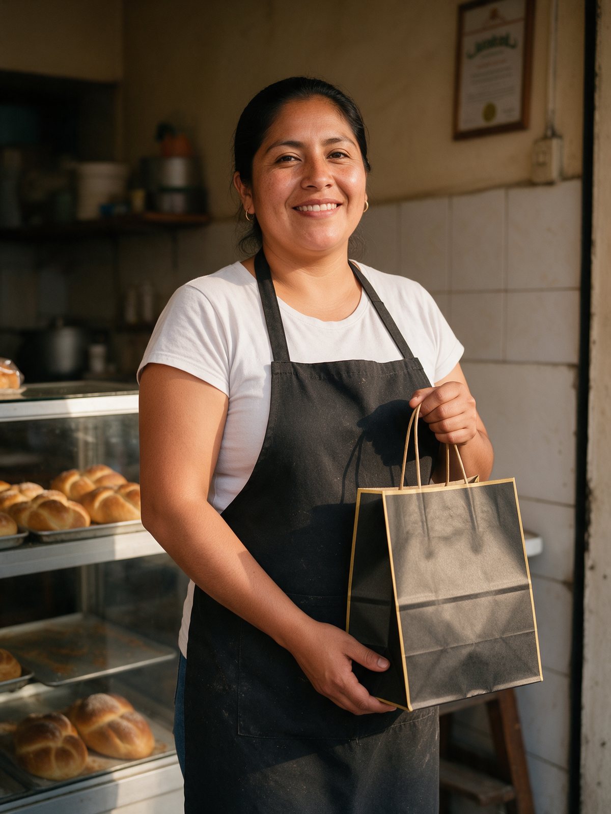 Emprendedora de una panadería sosteniendo una bolsa con la marca de su negocio