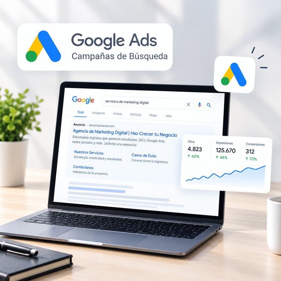 Anuncio de Google Ads en una búsqueda y panel de métricas de clics, impresiones y conversiones